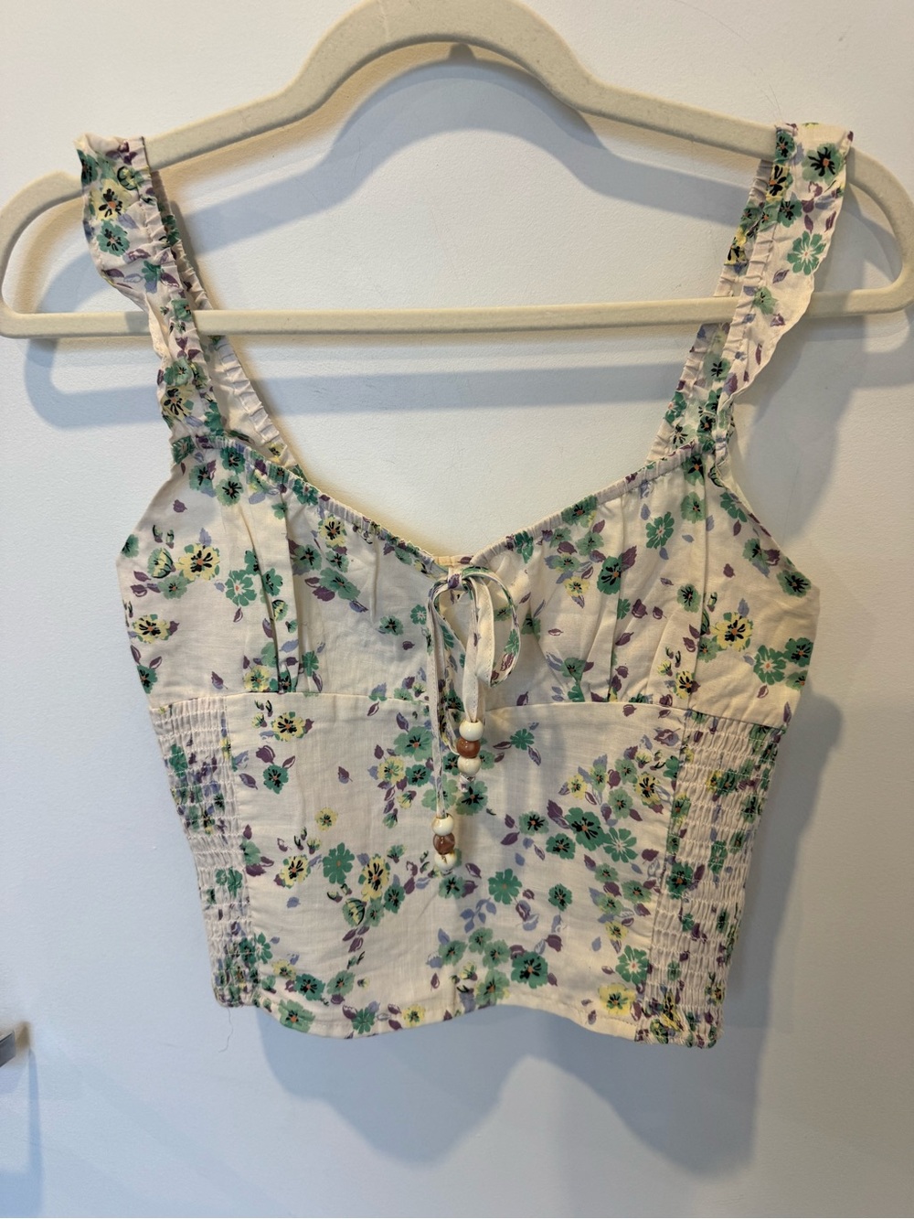 Heartloom Floral Ruffle Strap Tie-Front Crop Top - XS